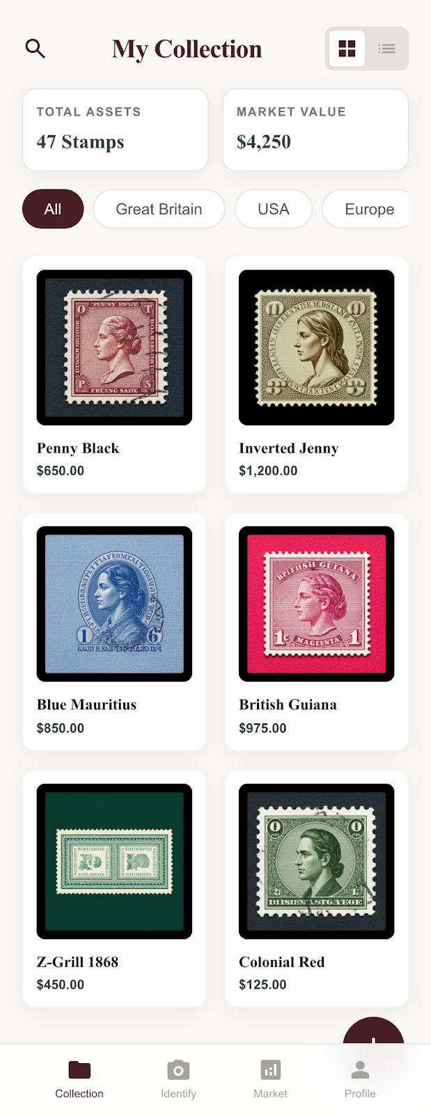 Stamp collection grid view with filter options showing Penny Black, Inverted Jenny, Blue Mauritius and other valuable stamps