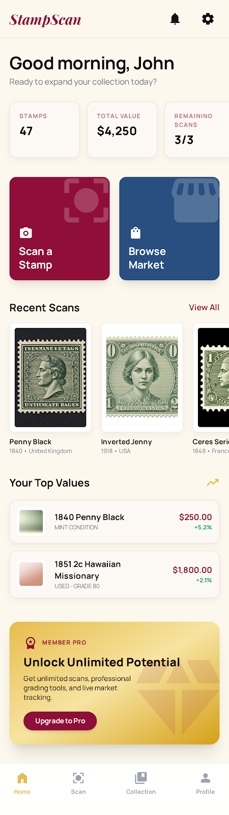 StampScan app home dashboard showing 47 stamps worth $4,250, scan button, recent stamps including Penny Black and Inverted Jenny, and upgrade prompt